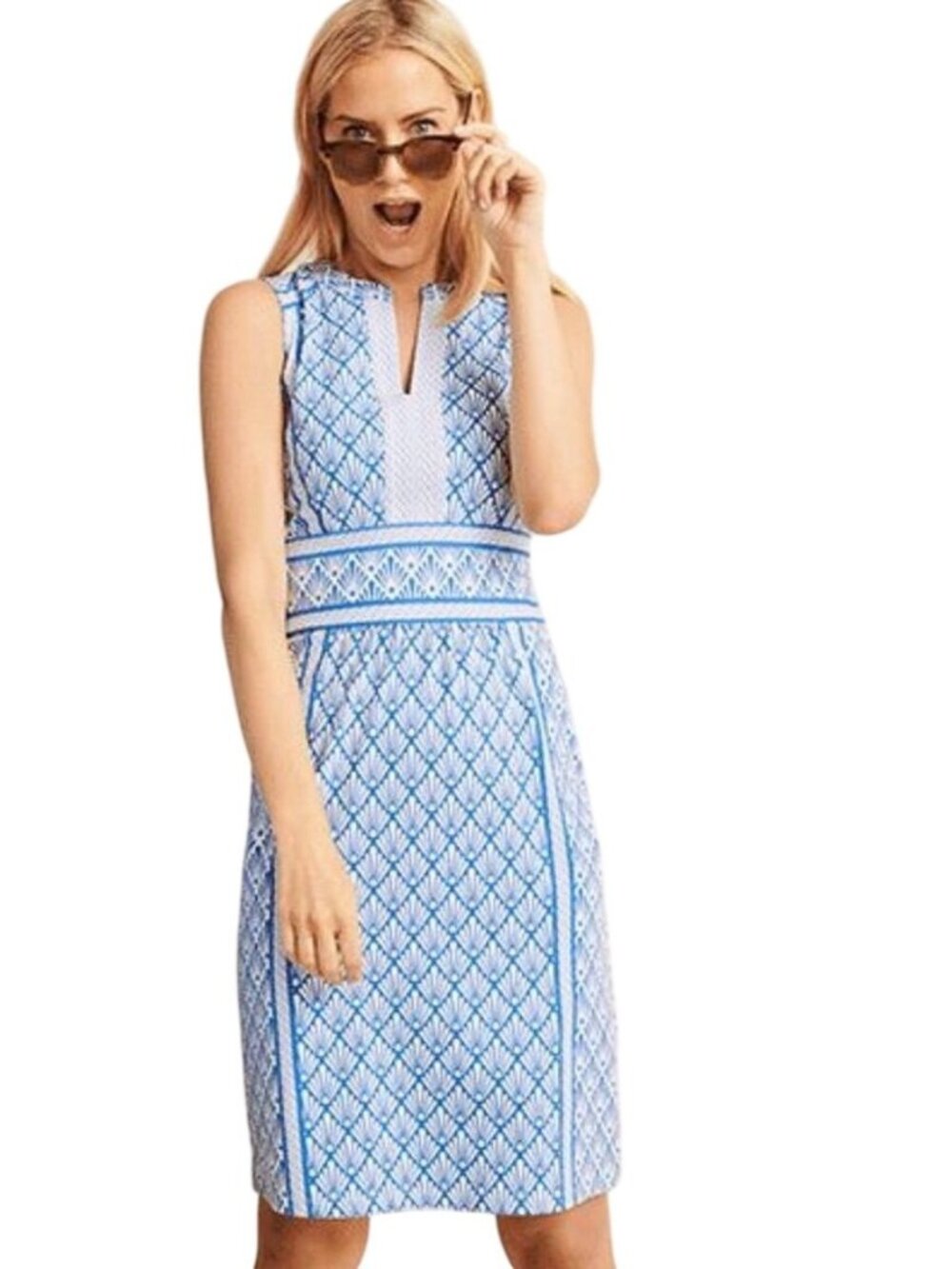 J. McLaughlin Blue & White Sleeveless Geometric Patterned Dress Size XL - Picture 1 of 14